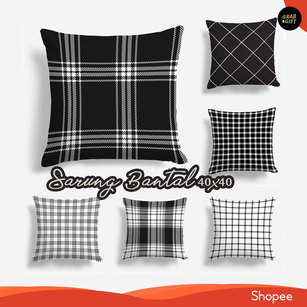 SARUNG Bantal Sofa 40x40 cm Monokrom Hitam Putih Monochrome Kotak