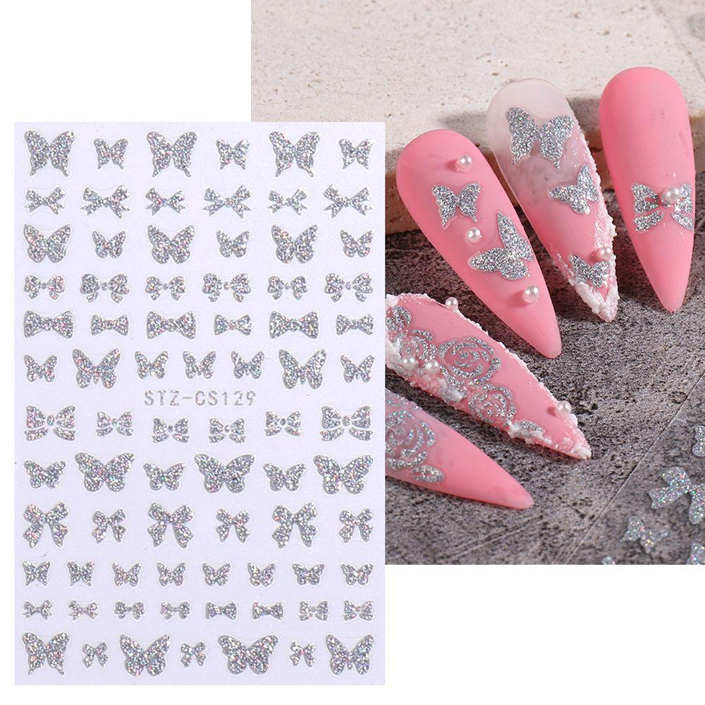 Mxbeauty Glitter Kuku Stiker Perak Bintang Laser Kartun Hewan Perekat Diri Mawar DIY Manicure Aksesoris Gadis Nail Art Dekorasi