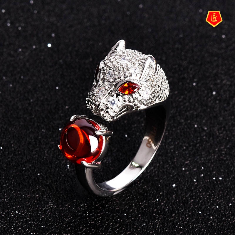 [Ready Stock]Domineering Leopard Head Ring Inlaid with Natural Garnet