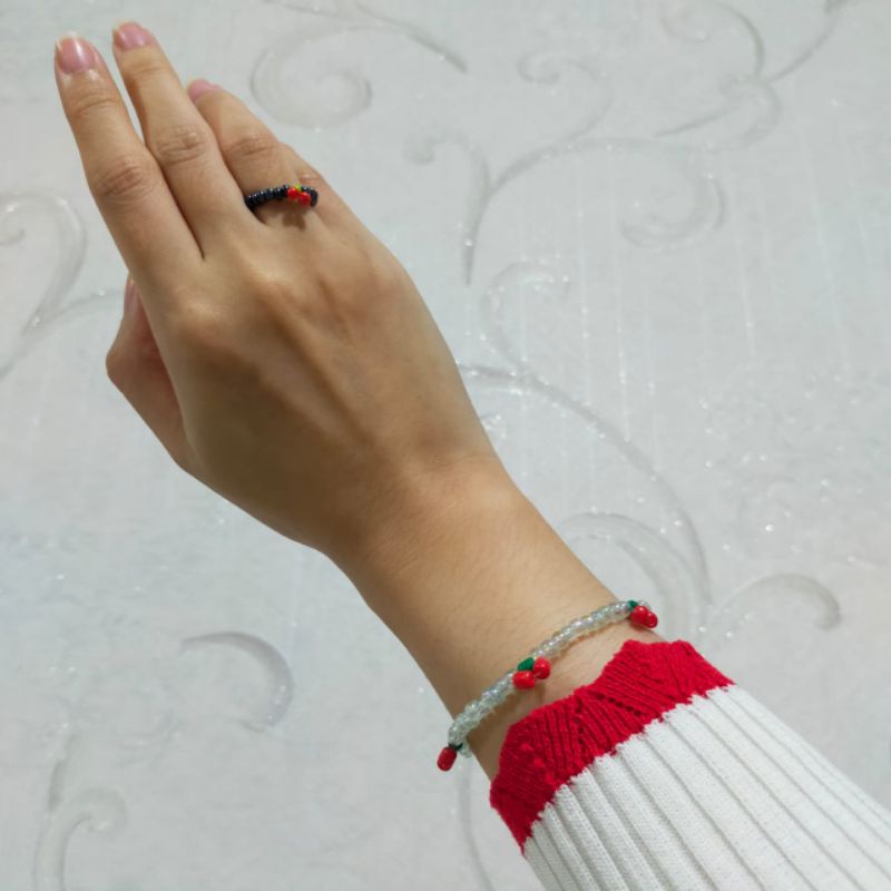 Cincin Cherry Beads Elastis Bohemian Elastic Ring Buah Korean Style