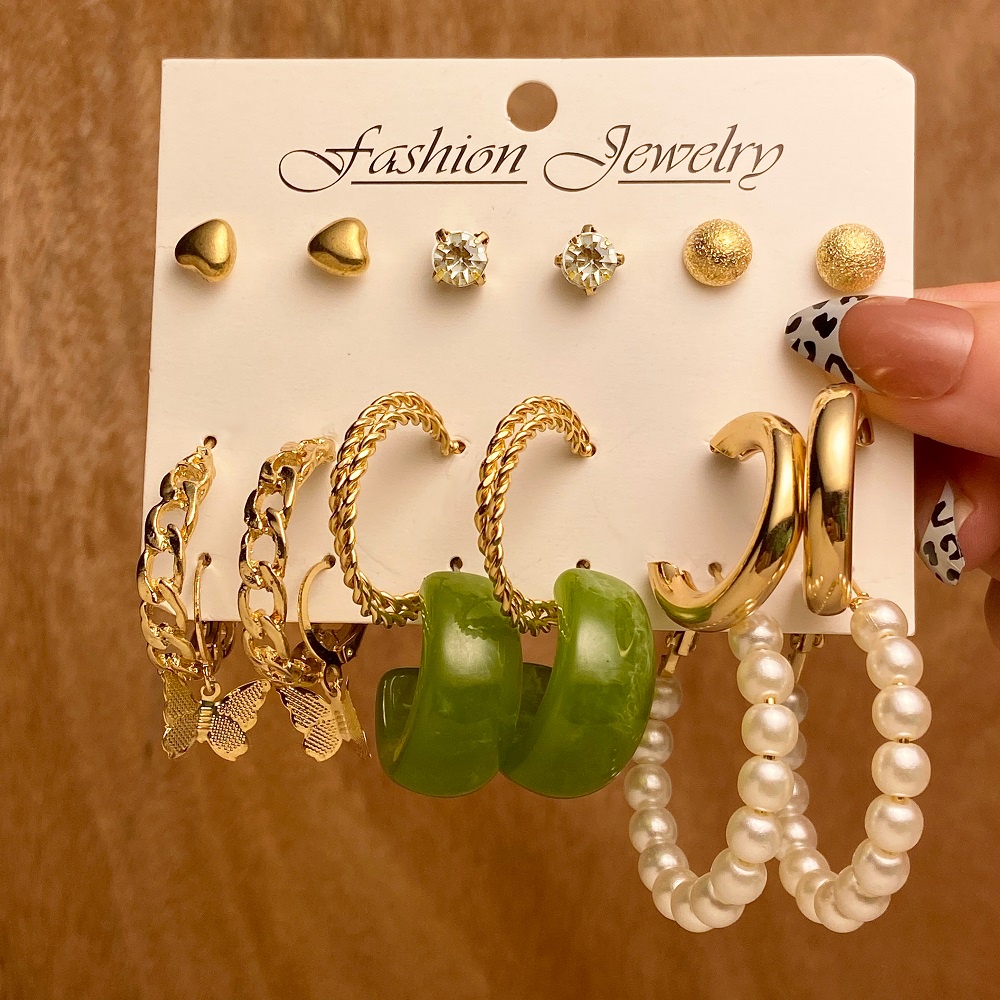 Gold Butterfly Pearl Earrings Set Around Circle Stud Hoop Earring Women Jewelry Fashion Accessories