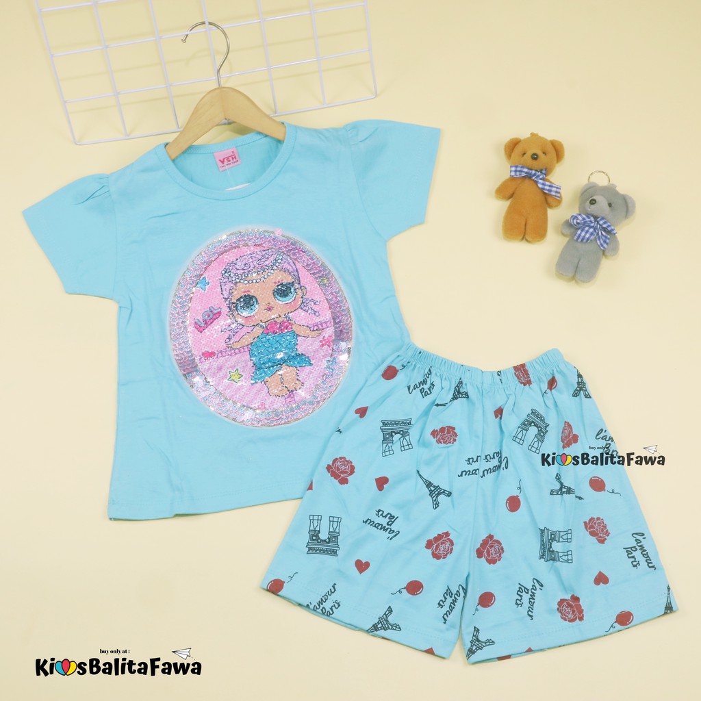 Setelan Queena uk 1-6 Tahun / High Quality Baju Anak Perempuan Kaos Usap Karakter Lengan Pendek Cewe