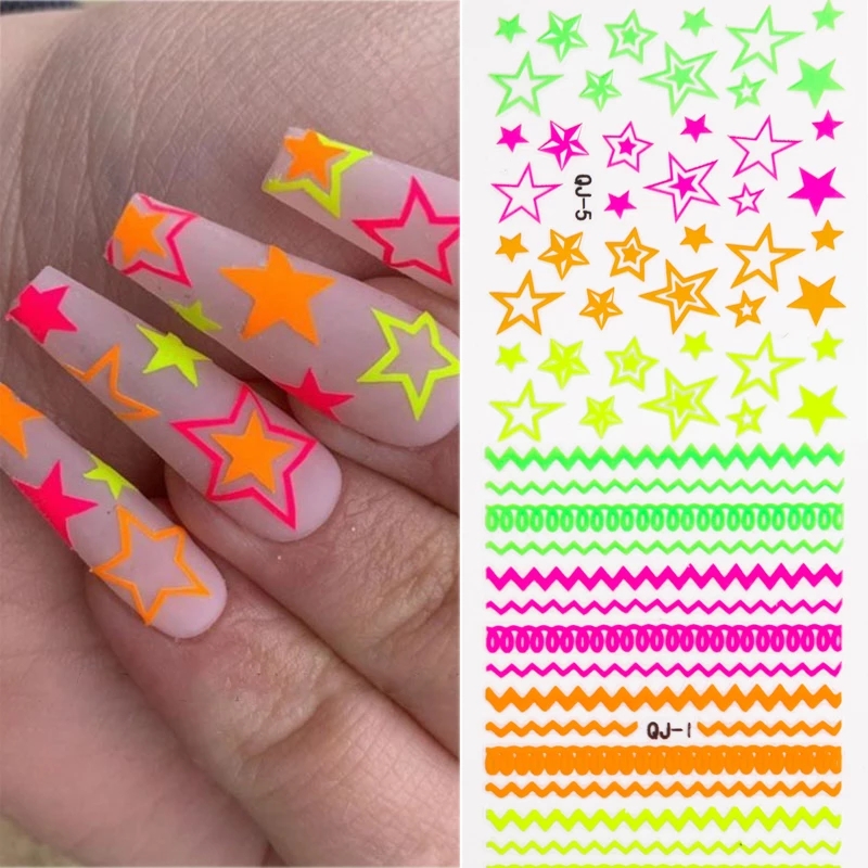 (1 Lembar) Stiker Kuku Foil 3d Motif Bintang/Garis/Berlian Neon Transfer Air Untuk Nail Art