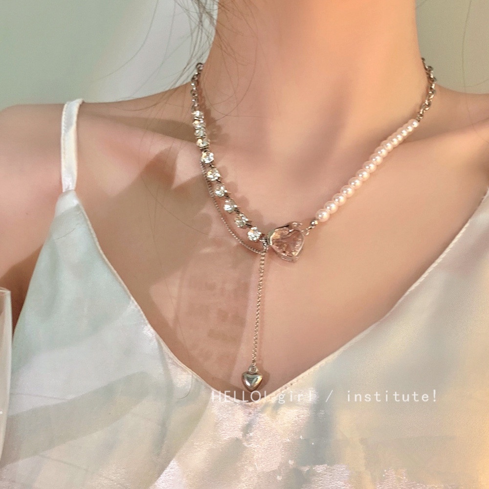 Kalung Wanita Dengan Liontin Kristal Mutiara Bentuk Hati Warna Pink Untuk Pesta Pernikahan