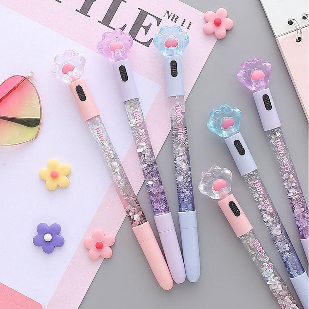 Lanfy Cat Paw Gel Pen Kawaii Alat Tulis Siswa Glitter Light Perlengkapan Menulis Pasir Drift Kristal 0.38mm Dengan Lampu Led Tulisan Pen