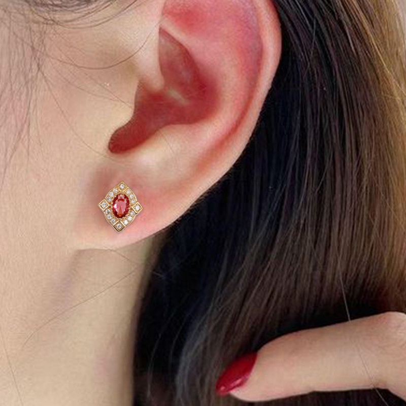 Anting Stud Cubic Zirconia Warna Merah Gaya Vintage Untuk Wanita