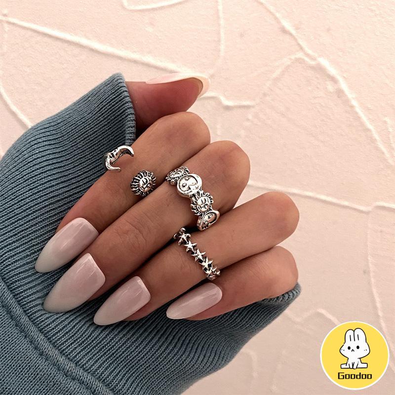 Cincin Gabungan Terbuka Kreatif Retro Star Moon 3-piece Set Cincin -Doo