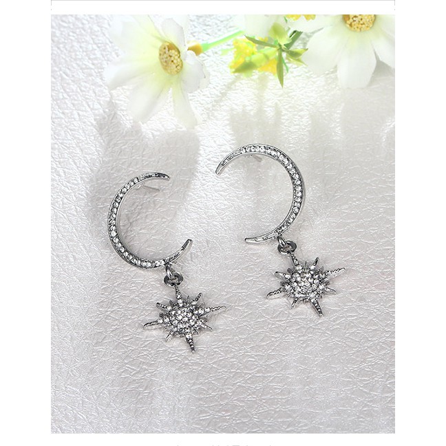 LRC Anting Tusuk Fashion Silver Color Sun&amp;moon Shape Design Earrings