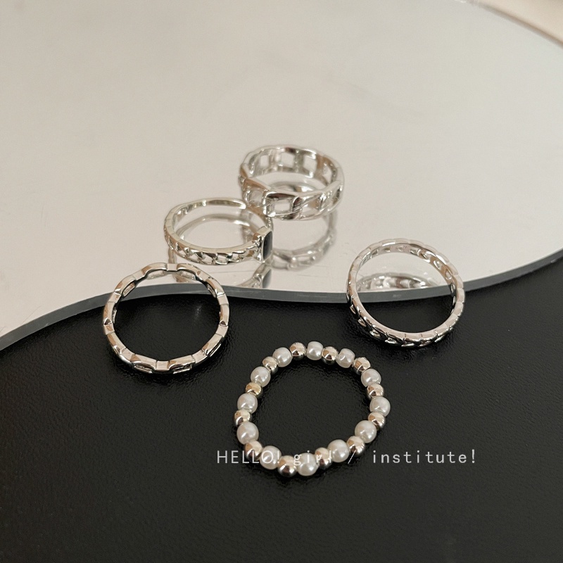 5pcs / Set Cincin Manik-Manik Mutiara Model Twist Hollow Warna Silver Untuk Wanita