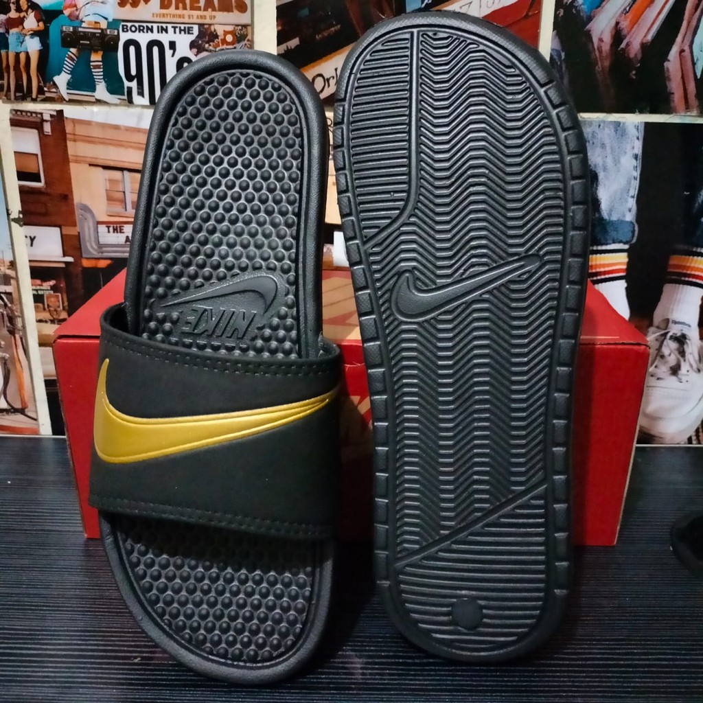 SANDAL BLACK GOLD NIKE BENASSI SWOOSH SENDAL MURAH SLIDE PRIA WANITA SPORT FLIP FLOP TERMURAH