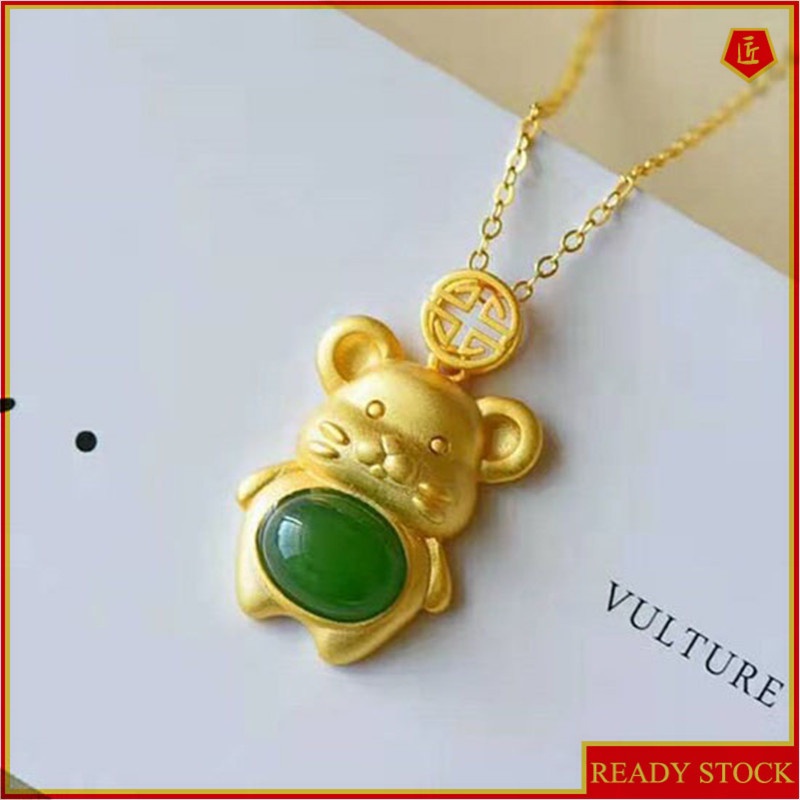 [Ready Stock]Fashion Gold-Plated Inlaid Jade Cute Mouse Color Pendant Necklace