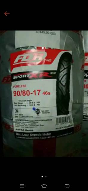 Paket ban tubeless FDR Sports XR 90/80-17 &amp; 120/70-17 for Vixion/CB 150R/CBR 150R/Mega pro new