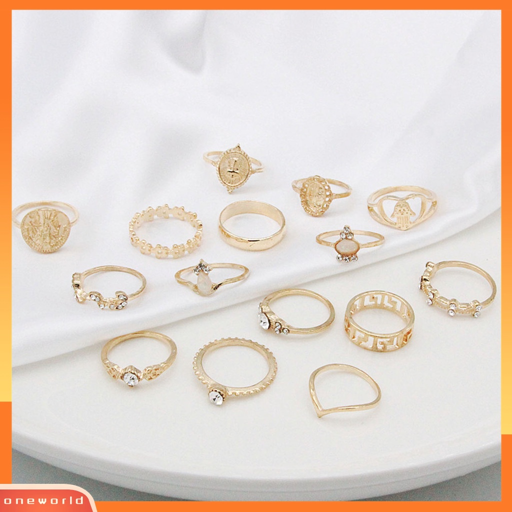 15 Pcs / Set Cincin Jari Bahan Alloy Aksen Kristal Imitasi Bentuk Hati Artistik Untuk Pemakaian Sehari-Hari