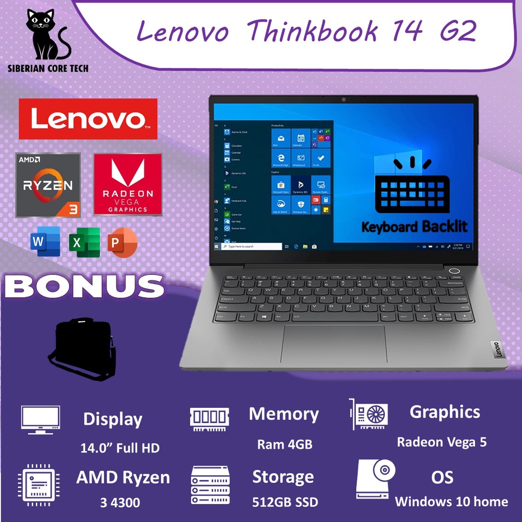 LENOVO THINKBOOK 14 G2 RYZEN 3 4300U 4GB 512SSD VEGA5 W10+OHS 14.0FHD BLIT GRY -9JID