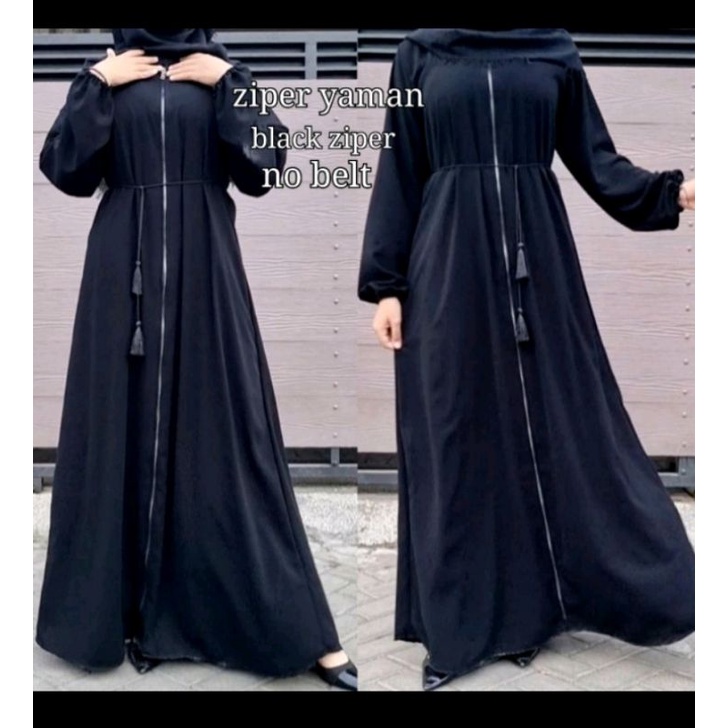 Abaya Gamis Hitam Maxi dress Polos Ziper Yaman