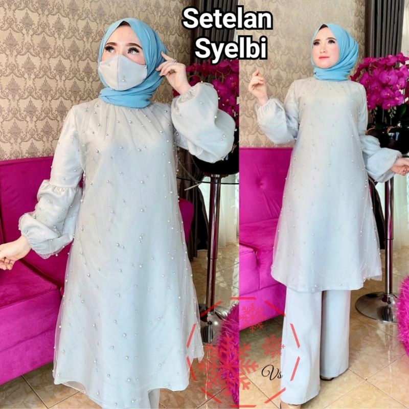 SET CELANA SYELBI MUTIARA, MOSCREPE TILE, GAMIS HIJAB MUSLIM, SETELAN, 3 UKURAN