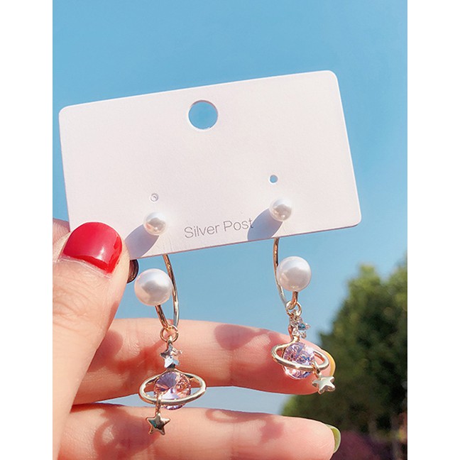 LRC Anting Tusuk Fashion 925 Silver Needle Saturn Pearl Hanging Earrings F5948X