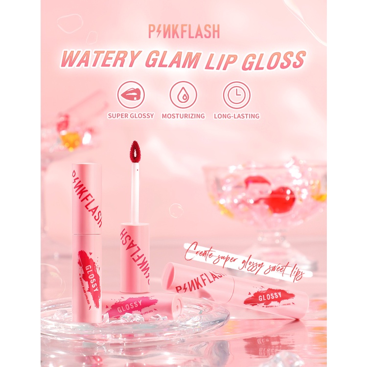 PINKFLASH Watery Glam Lip Gloss Lip Tint Lipstick Super Glossy Shiny Moisturizing Non Sticky Long Lasting Celebshine