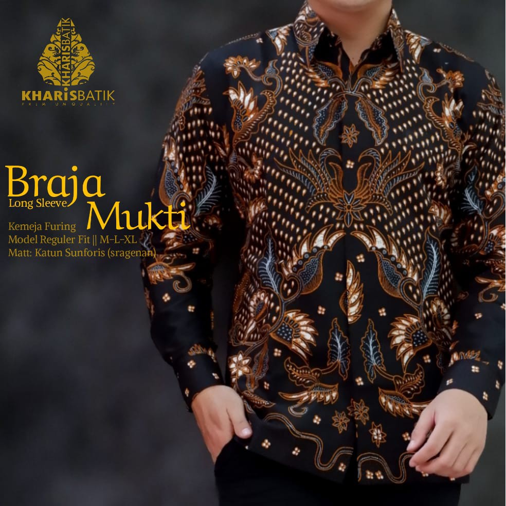 BRAJA MUKTI KHARIS BATIKSOLOAMANAH KEMEJA BAJU BATIK PRIA SOLO LENGAN PANJANG PENDEK LAPIS FURING ATASAN BATIK PREMIUM MODERN KATUN HALUS PEKSI BIRU MULYO SADIRO JAMBUL BIRU GEBER MULYO KAWUNG WENING PRINGGODANI GARUDA MERAH BANU AUN PARANG SUNGU BANU