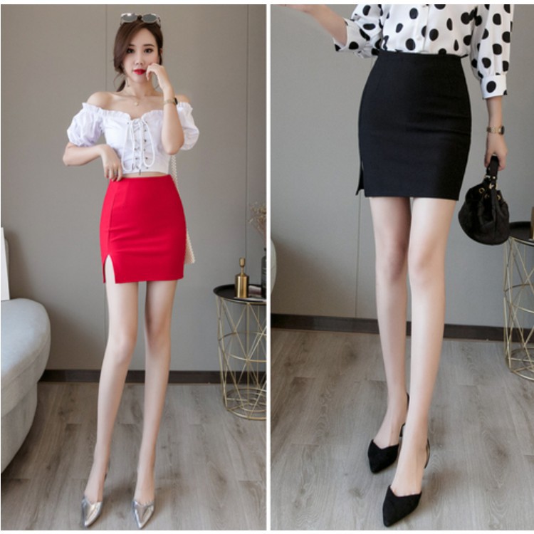 Women Plus Size Ol Plain Split Pencil Skirt Wrap Bodycon High Waist Mini Skirts Shopee Indonesia
