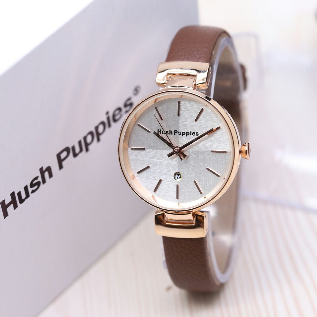 Jam Tangan Wanita/Cewek Simple Elegan Hush Puppies Kulit Polos Body Rosegold Super