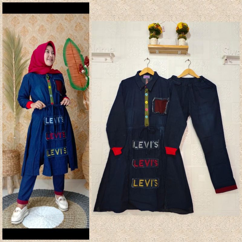 stelan tunik jeans/ stelan wanita kekinian/ stelan terbaruuu