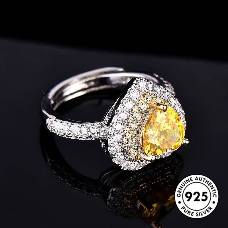 Cincin S925 Silver Bentuk Hati Aksen Berlian Warna Kuning