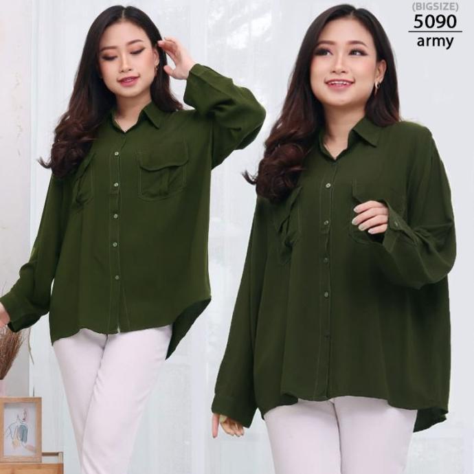 LD120 Kemeja Atasan Jumbo Wanita XXXL Katun Rayon Baju Bigsize Cewek - 5090-ARMY