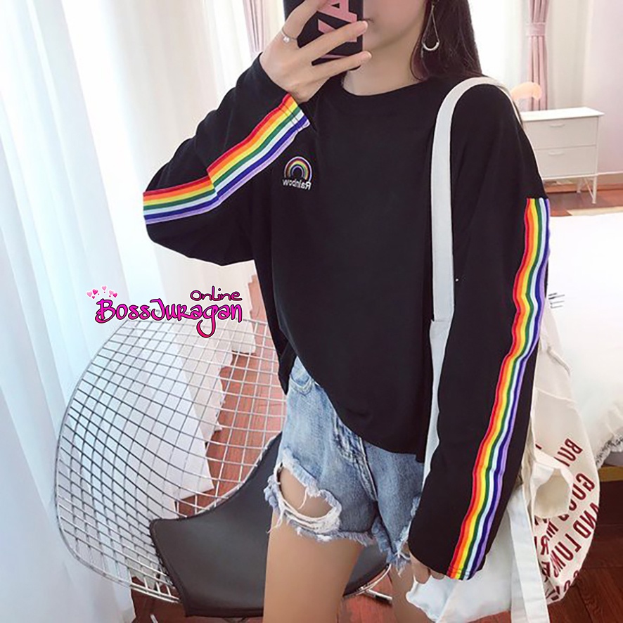 (BOSS) BAJU RAINBOW LENGAN PANJANG - BAJU KAOS LENGAN PANJANG RAINBOW -  T-SHIRT KOREAN STYLE