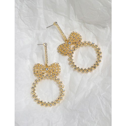 LRC Anting Tusuk Fashion Golden Alloy Studded Bow Round Stud K48097