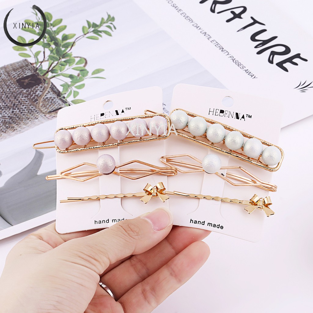 4Pcs / Set Klip Penjepit Rambut dengan Bahan Logam dan Mutiara Bergaya Korea