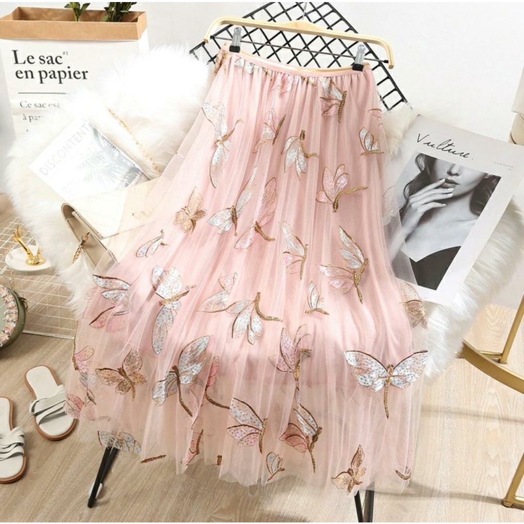 Rok Tutu 3D Import / Maxi Skirt Motif  Capung Timbul
