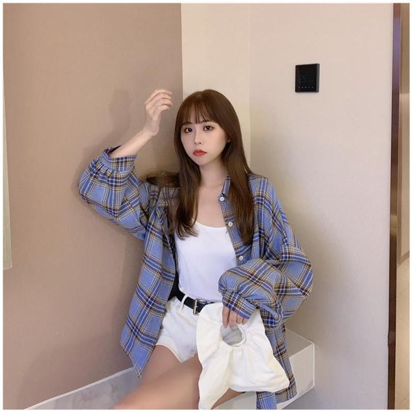 IOS SHOP - Kate Kemeja Katun Impor Casual Wanita Korea Fashion Girls Atasan Lengan Panjang Kotak Kotak-2