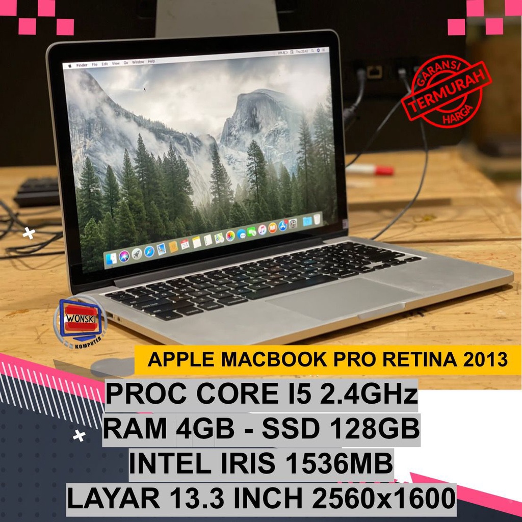 APPLE MACBOOK PRO RETINA 2013  PROC CORE I5 2.4GHz   RAM 4GB 1600MHz DDR3   STORAGE SSD 128GB LAPTOP SECOND MURAH
