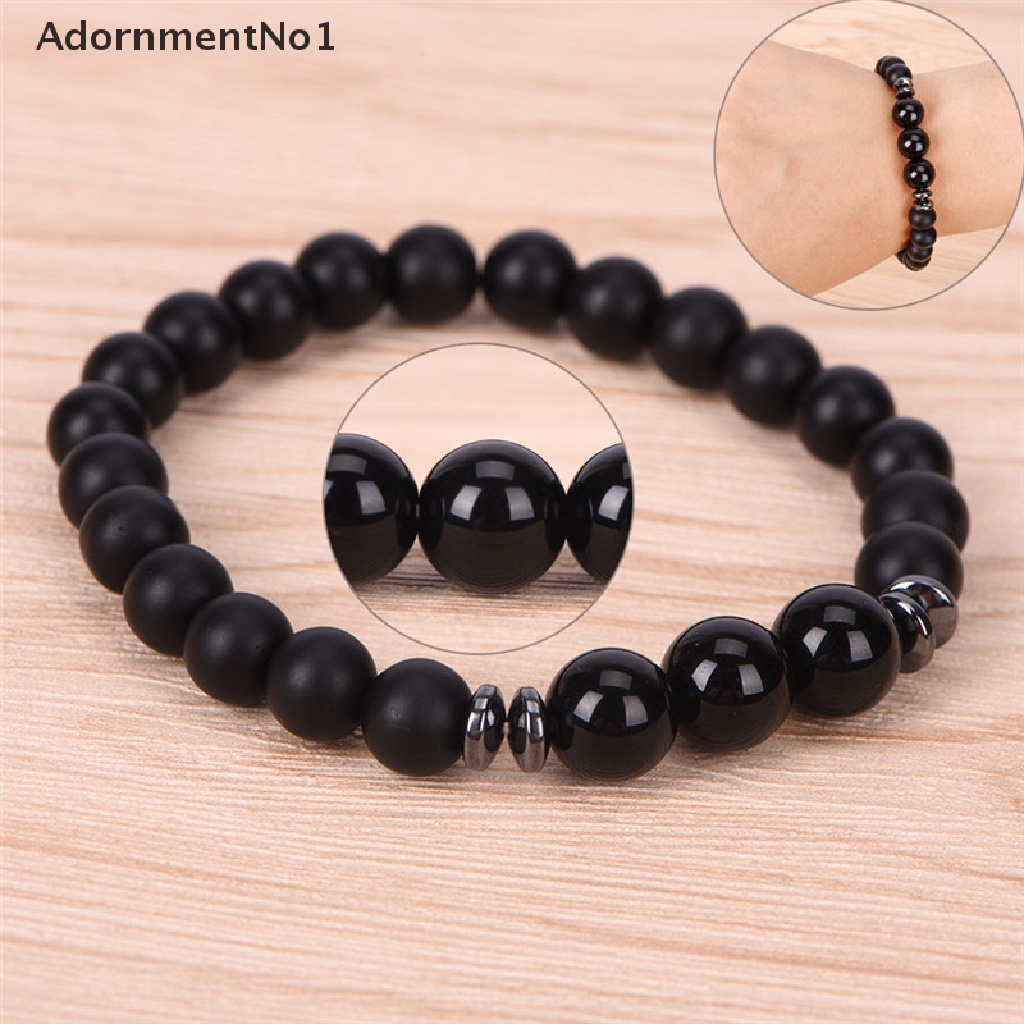 (AdornmentNo1) Gelang Tangan Manik-Manik Batu Agate Tourmaline Hitam Matte Elastis Untuk Pria / Yoga