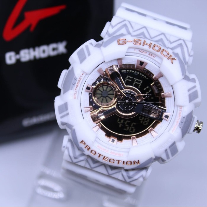 JAM TANGAN PRIA / COWOK G-SHOCK GS GA 110 ANTI AIR MOTIF WHITE LIST ROSEGOLD