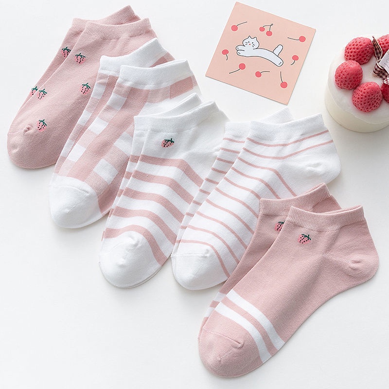 Gobra ♕ KK028 Kaos Kaki (Tanpa Kemasan) Wanita Tipis Pendek Semata Kaki Motif Kotak Pink Strawberry Fashion Korea Women Sock Import Murah