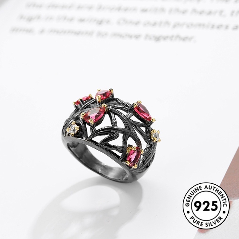 Cincin Silver S925 Bentuk Tetesan Air Aksen Ruby Warna Hitam