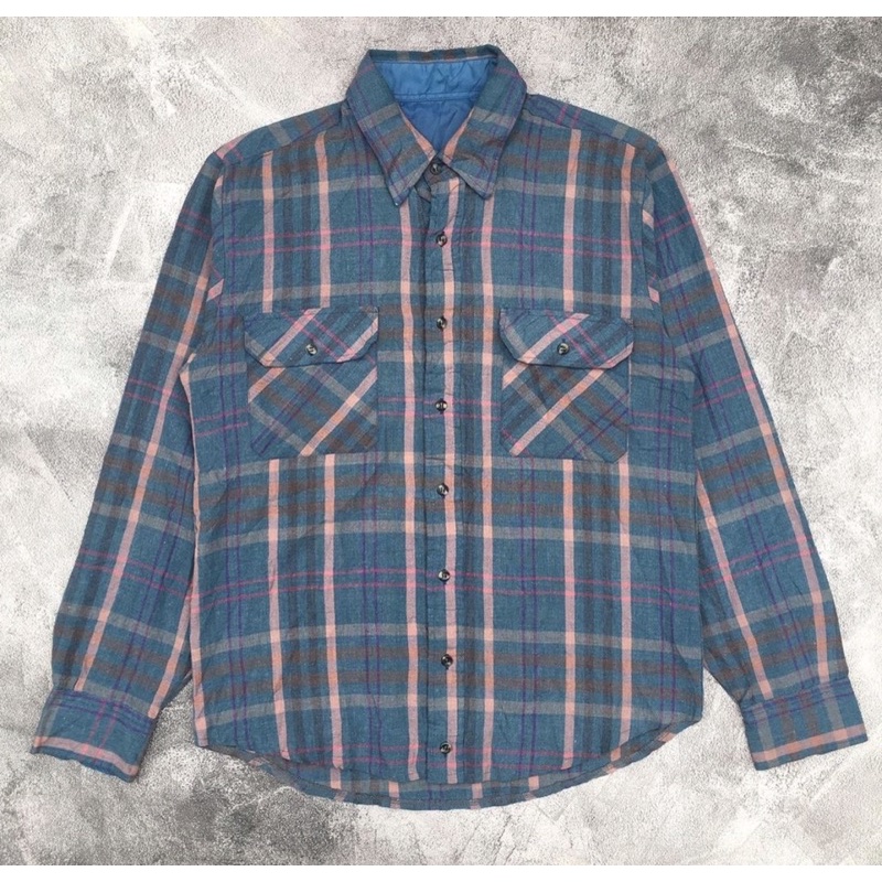 kemeja flanel motif vintage dua saku bahan tebal