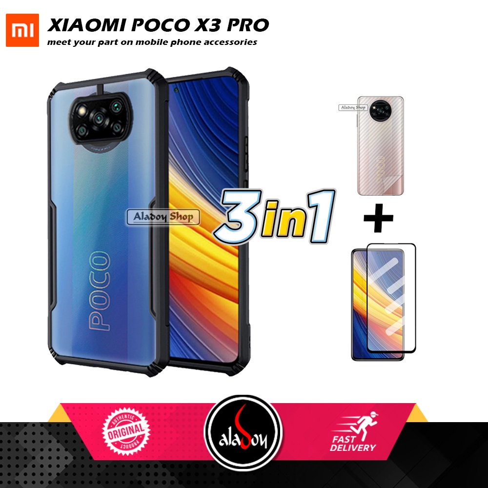 Case XIAOMI POCO X3 PRO Armor Fushion Transparent Casing + Tempered Glass Full Layar dan Skin Carbon