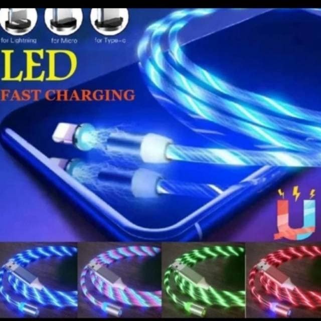 Kabel Data Magnet Lampu LED 3 IN 1 Micro Lightning Type C USB Kabel Data