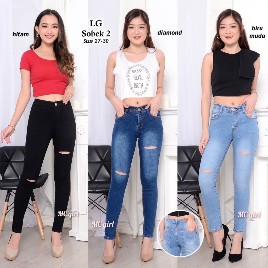 ( Size 27 - 34 ) MC girl - Celana Jeans Panjang Skinny Sobek Garis 2 / Celana Denim Pensil Ripped Garis Dua / Lepis Pants Koyak Tembus Wanita / Celana Panjang Skinny Sobek Tidak Ada Lapisan / Jeans Pant Riped Kekinian Lgo