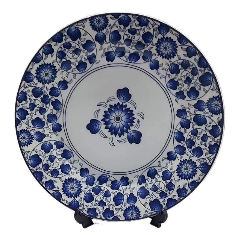 PIRING CEPER KERAMIK BIRU PUTIH MOTIF BUNGA 10.5"