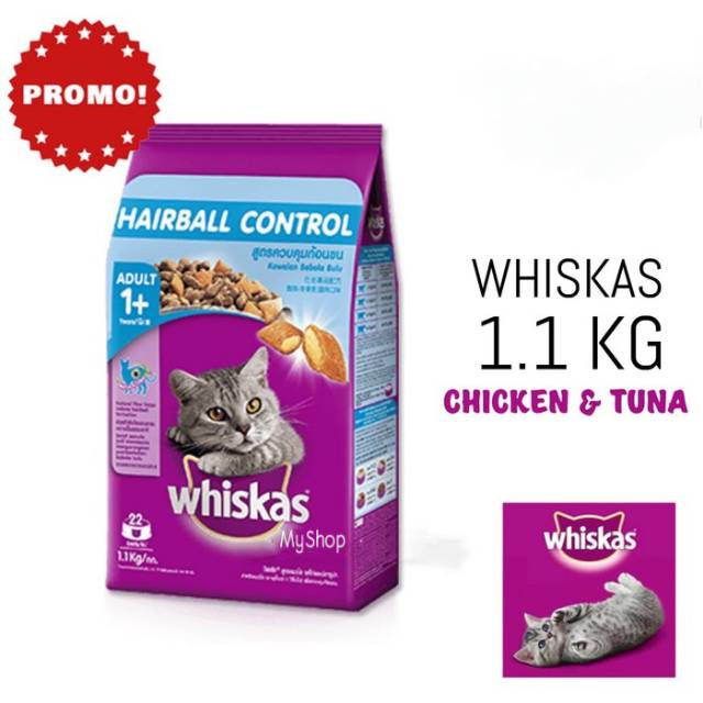 Whiskas cat dry food adult usia 1+ 1,1kg Hairball control ...