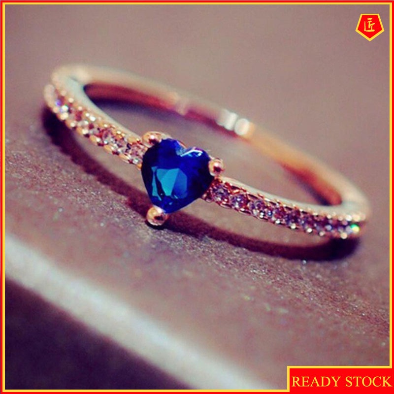 [Ready Stock]Simple Personality 18K Rose Gold Heart-Shaped Blue Diamond Ring