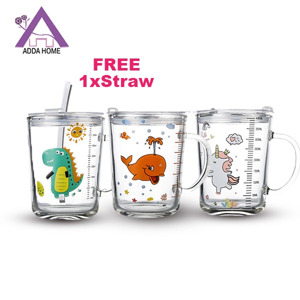 Adda Home - Gelas Minum Anak Tutup Lucu Motif Karakter Unicorn Dinasour Paus Gratis Sedotan