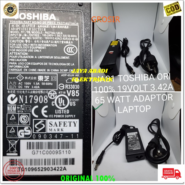 J81 ORIGINAL TOSHIBA ADAPTOR LAPTOP SATU SET KABEL POWER 19V 3.42A 65 WATT CASAN CHARGER POWER ADAPTER ELEKTRONIK FAST CHARGING AC DC SPEED ADAPTIVE MULTI UNIVERSAL ORIGINAL VOLT AMPERE VOLTASE BISA UNTUK SEGALA JENIS MERK DAN TYPE LAPTOP DAN NOTEBOK