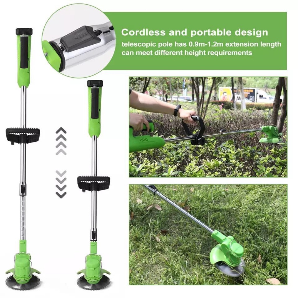 Mesin Potong Rumput 12V Cordless Lawn Mower Electric Grass Trimmer with Li-ion Batteries green