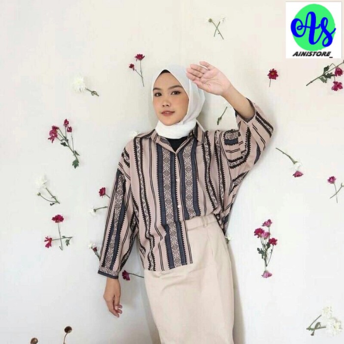 Kemeja Rayon Motif Tribal / Atasan Baju Wanita - Tribal - CREAM