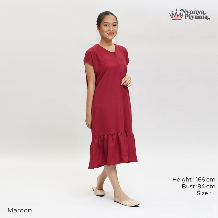 Nyonya Piyama Polos - POLYESTER Alaia Midi Dress Wanita L XL - Maroon, L(K0J3) ADA UKURAN SIZE L,XL,